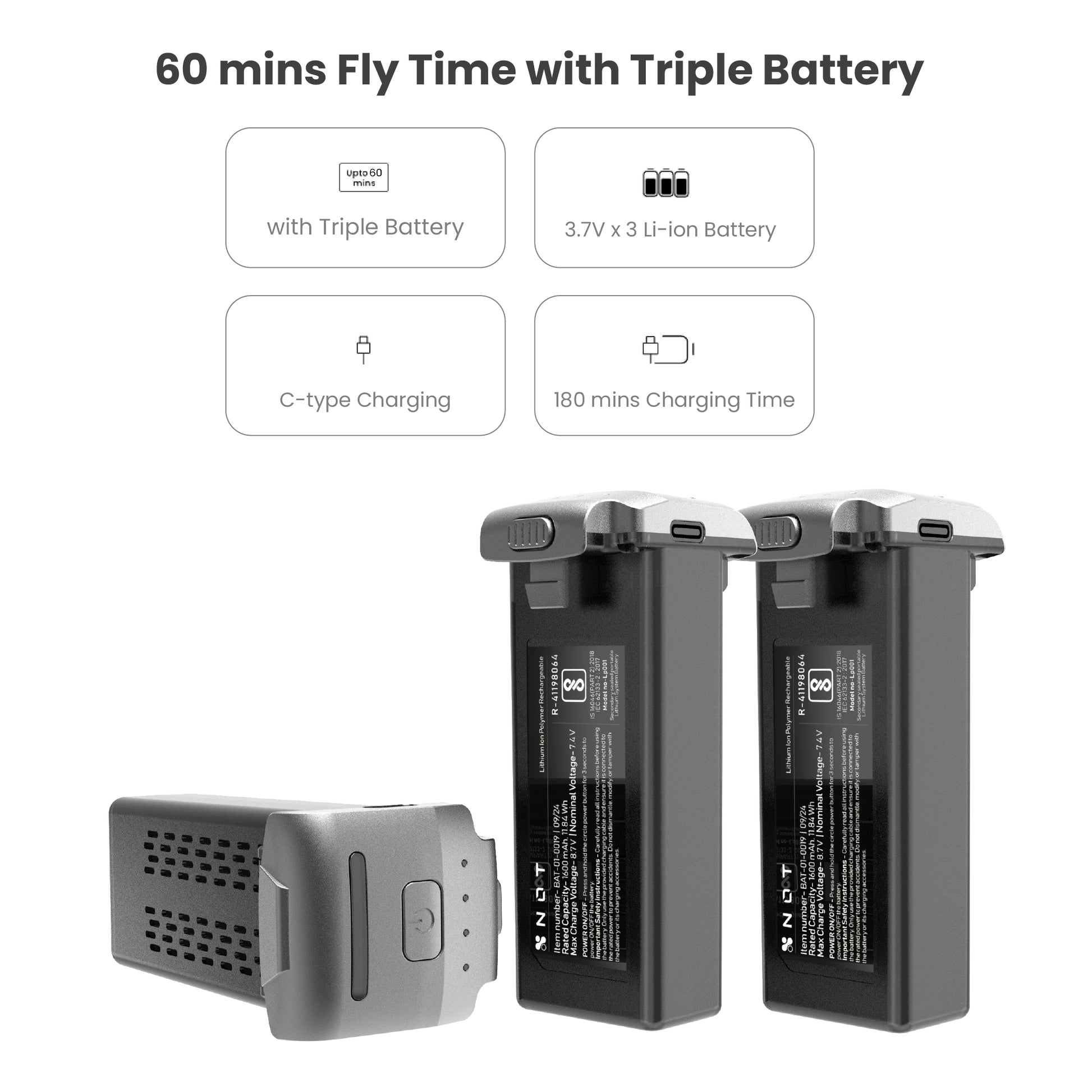 drone triple rechargeable batteries pack for 60min flight time